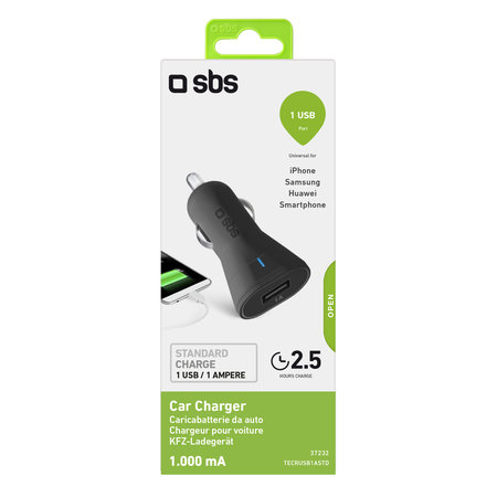 SBS - Chargeur de voiture USB, 1A, noir