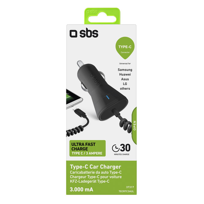 SBS - Chargeur de voiture USB-C, 3.0A, noir