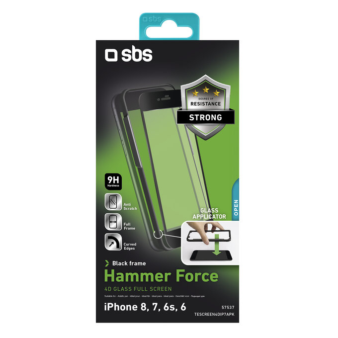 SBS - Verre Trempé 4D Full Glass pour iPhone 6, 6s, 7, 8, SE 2020 & SE 2022, noir