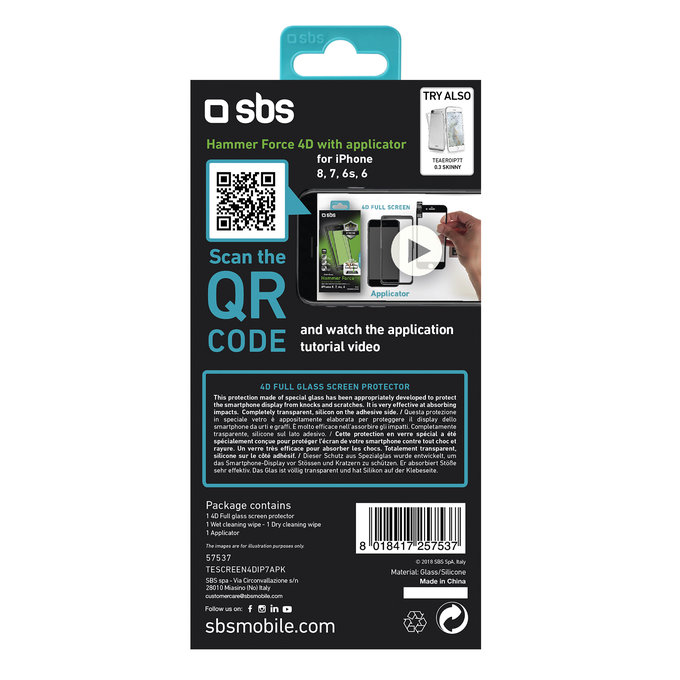 SBS - Verre Trempé 4D Full Glass pour iPhone 6, 6s, 7, 8, SE 2020 & SE 2022, noir