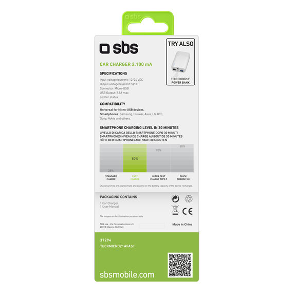 SBS - Chargeur de voiture Micro-USB, 2,1A, noir