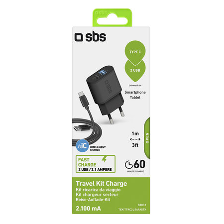 SBS - Adaptateur de charge 10W 2x USB + Câble USB / USB-C, noir