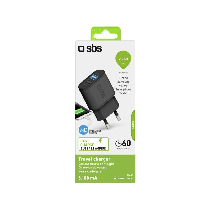 SBS - Adaptateur de charge 10 W 2x USB, noir