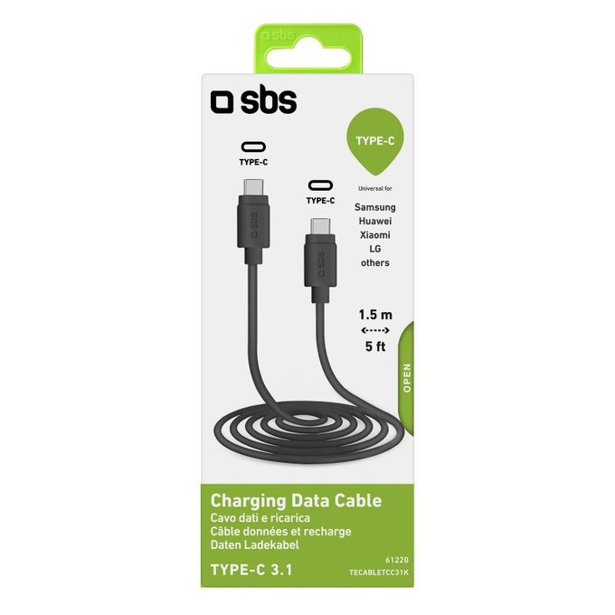 SBS - Câble USB-C / USB-C (1,5 m), noir