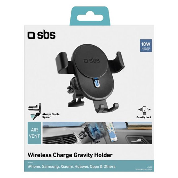 SBS - Support de voiture par gravité pour chargement sans fil, 10W, Qi, noir
