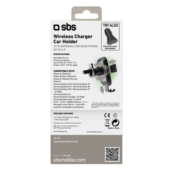 SBS - Support de voiture par gravité pour chargement sans fil, 10W, Qi, noir