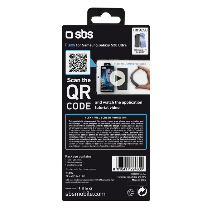 SBS - Verre Trempé Flexi pour Samsung Galaxy S20 Ultra, noir