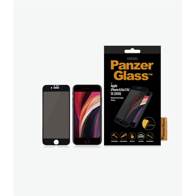 PanzerGlass - Étui de confidentialité en verre trempé compatible avec iPhone 6, 6s, 7, 8, SE 2020 et SE 2022, noir
