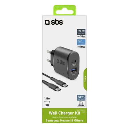 SBS - Adaptateur de charge 18W USB, USB-C + Câble USB-C / USB-C, noir