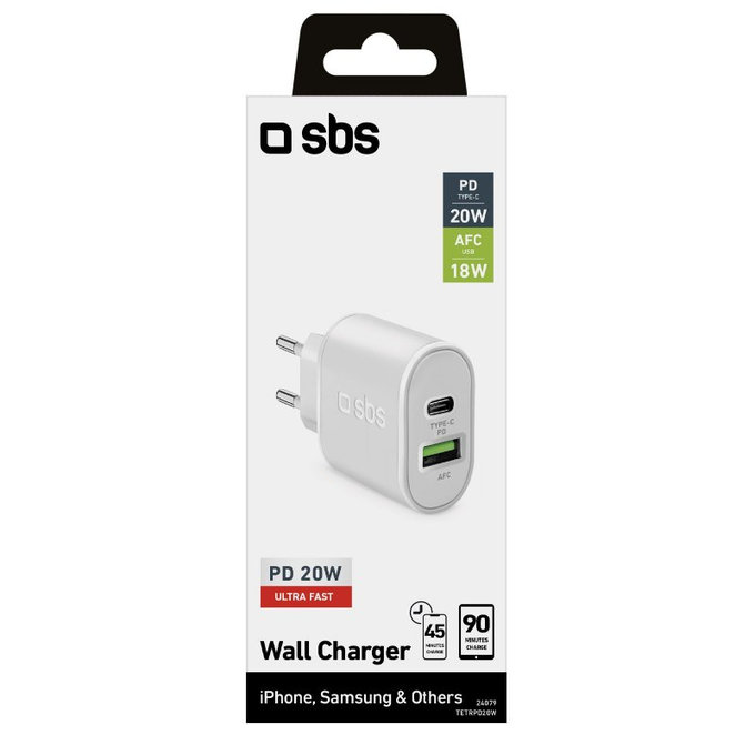SBS - Adaptateur de charge 20 W USB, USB-C, blanc
