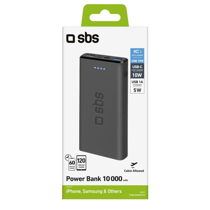 SBS - PowerBank 10 000 mAh, 2x USB, Micro-USB, noir