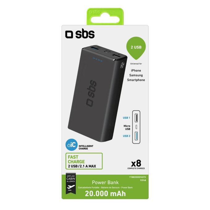 SBS - PowerBank 20 000 mAh, 2x USB, Micro-USB, noir