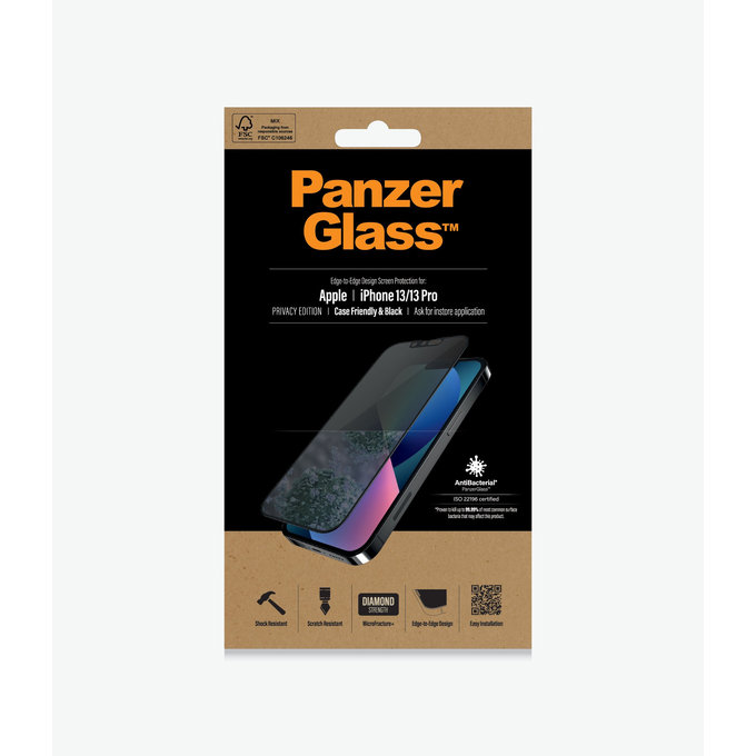PanzerGlass - Coque en verre trempé Friendly Privacy AB pour iPhone 13, 13 Pro, 14 et 16e, noir