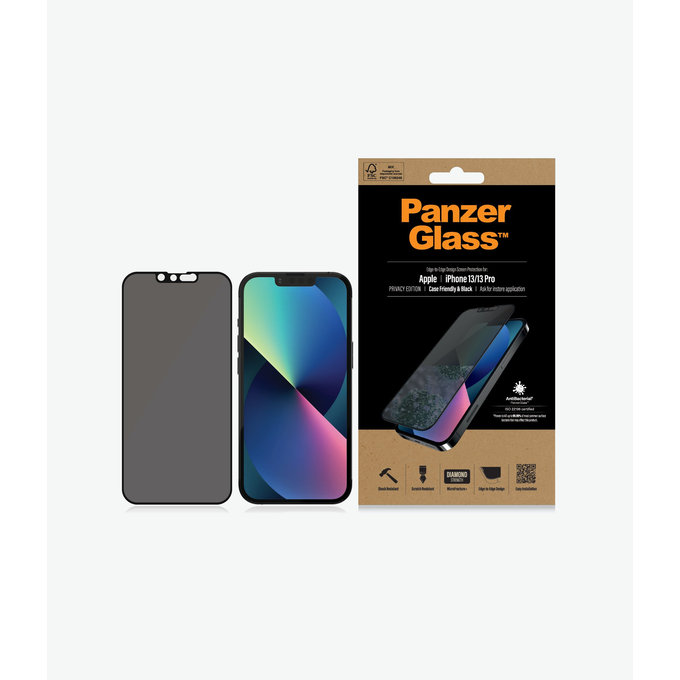 PanzerGlass - Coque en verre trempé Friendly Privacy AB pour iPhone 13, 13 Pro, 14 et 16e, noir