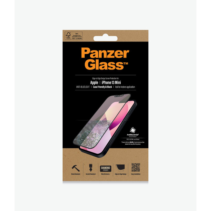 PanzerGlass - Coque en verre trempé anti-lumière bleue AB pour iPhone 13 mini, noir
