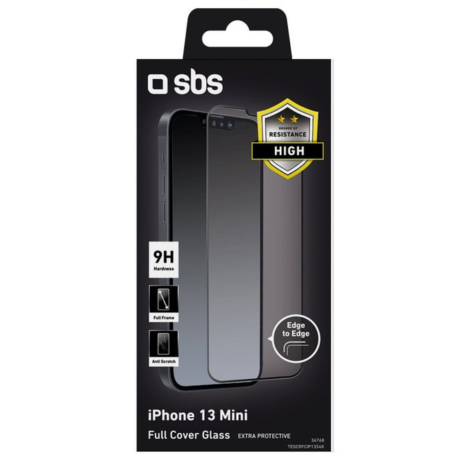 SBS - Coque complète en verre trempé pour iPhone 13 mini, noir