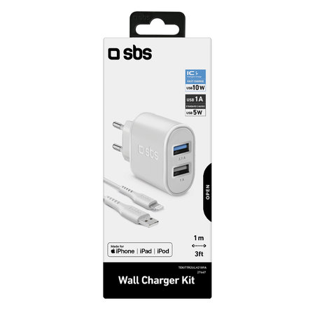 SBS - Adaptateur de charge 10W 2x USB + Câble USB / Lightning, blanc