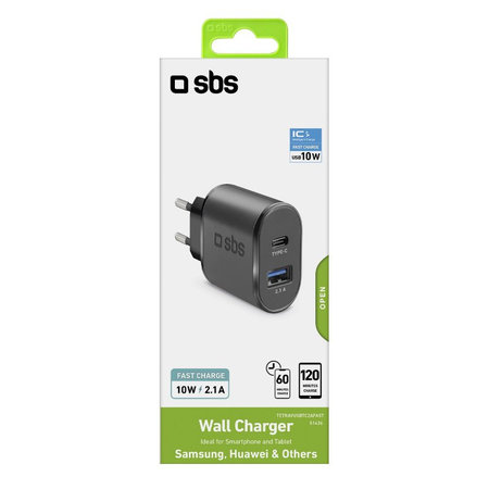 SBS - Adaptateur de charge 10 W USB, USB-C, noir