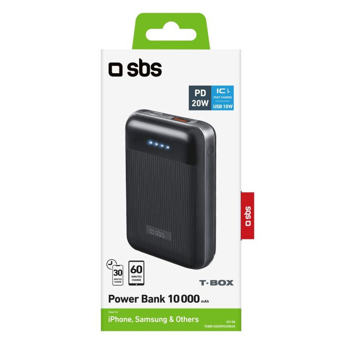 SBS - PowerBank 10 000 mAh, USB, USB-C PowerDelivery 20W, noir