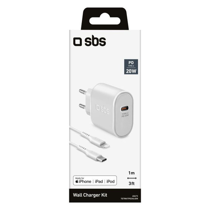 SBS - Adaptateur de charge 20W USB-C PowerDelivery + Câble Lightning (1m), blanc