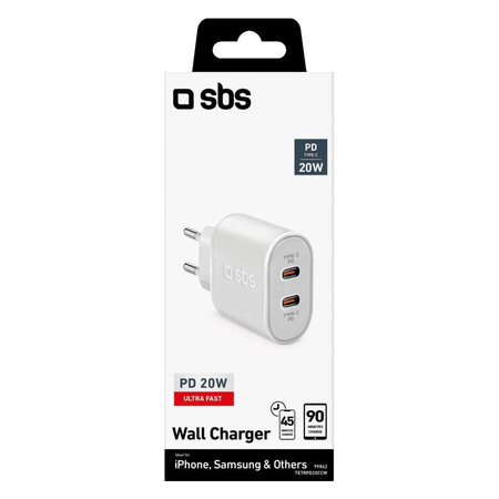 SBS - Adaptateur de charge 20 W 2x USB-C Power Delivery, blanc