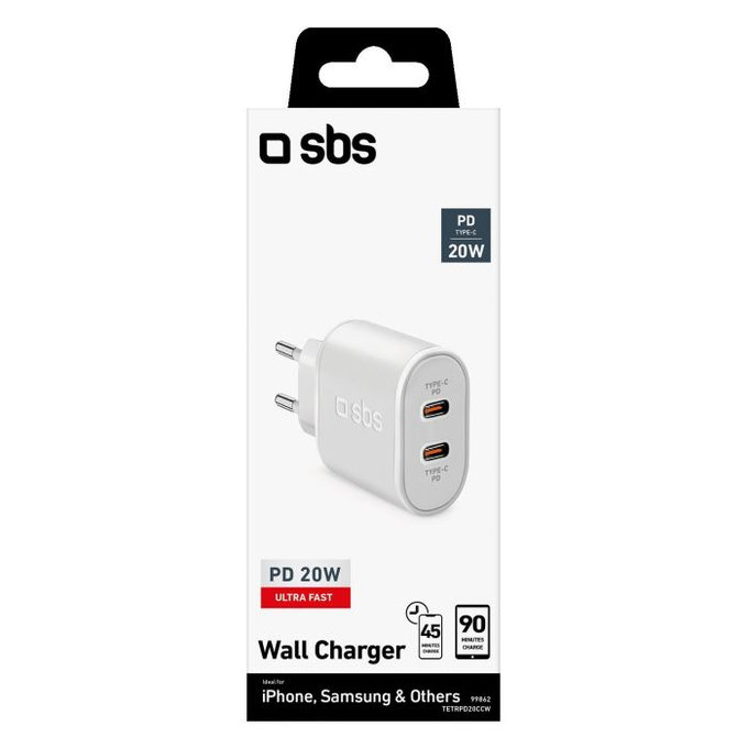 SBS - Adaptateur de charge 20 W 2x USB-C Power Delivery, blanc
