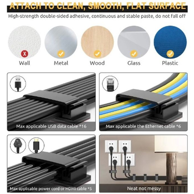 FixPremium - Organisateur de câbles - Clips - Lot de 5, noir