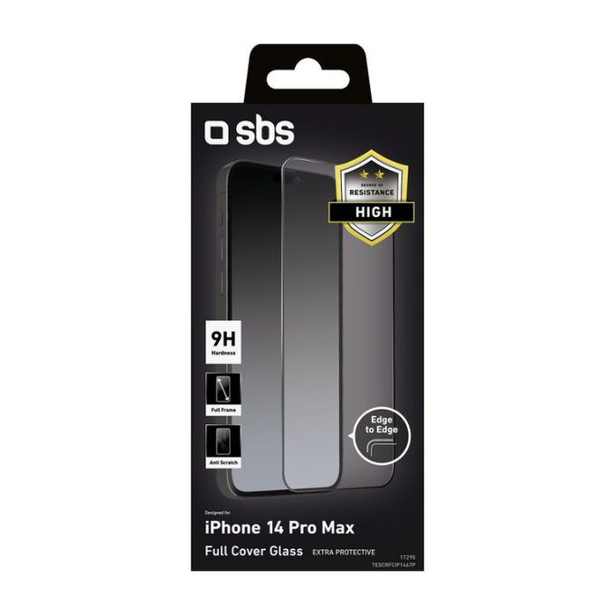 SBS - Coque complète en verre trempé pour iPhone 14 Pro Max, noir
