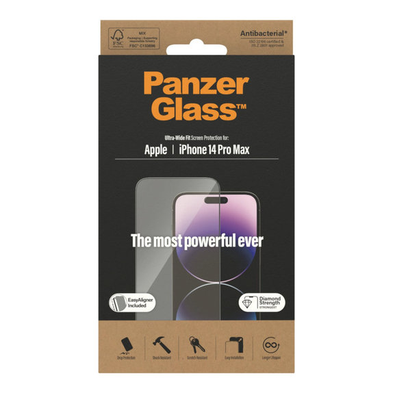 Verre trempé UWF AB avec applicateur pour iPhone 14 Pro Max, Noir, PanzerGlass
