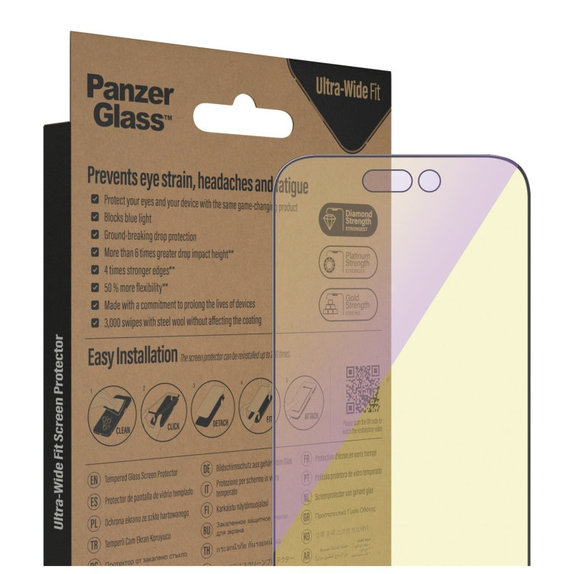 Verre trempé UWF Anti-Bluelight AB avec applicateur pour iPhone 14 Pro, Noir, PanzerGlass