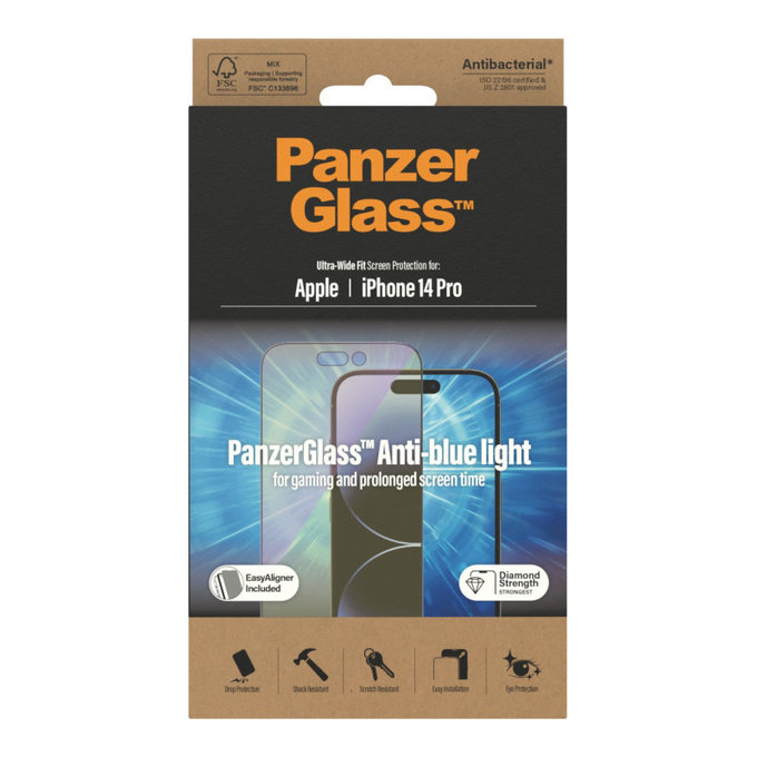 Verre trempé UWF Anti-Bluelight AB avec applicateur pour iPhone 14 Pro, Noir, PanzerGlass