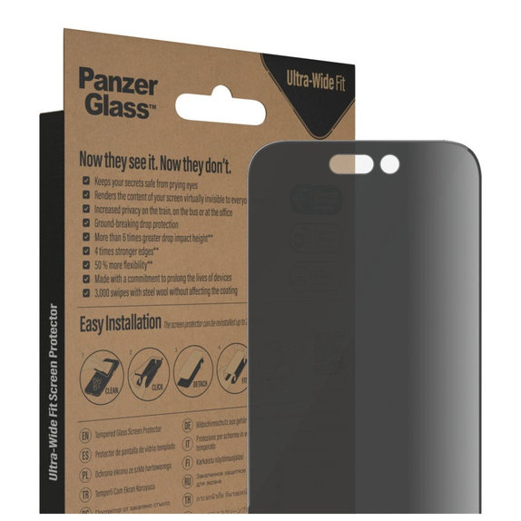 Verre trempé UWF Privacy AB avec applicateur pour iPhone 14 Pro, Noir, PanzerGlass