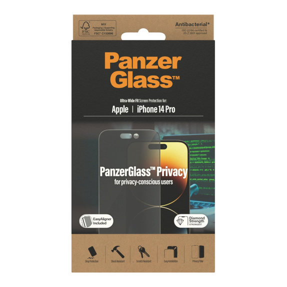 Verre trempé UWF Privacy AB avec applicateur pour iPhone 14 Pro, Noir, PanzerGlass
