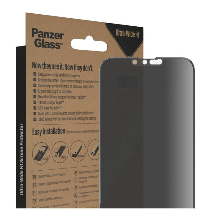 Verre trempé UWF Privacy AB avec applicateur pour iPhone 14 Plus/13 Pro Max, Noir, PanzerGlass