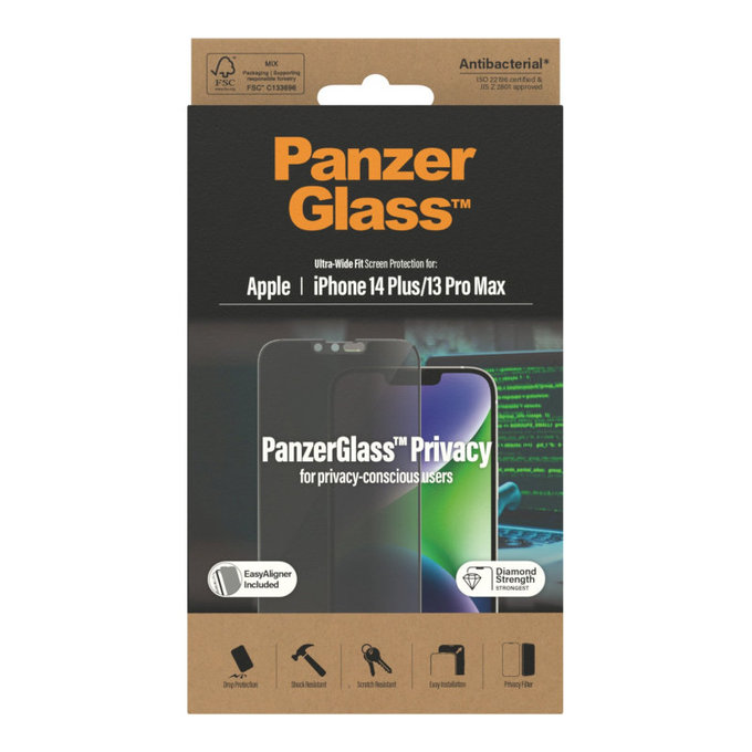 Verre trempé UWF Privacy AB avec applicateur pour iPhone 14 Plus/13 Pro Max, Noir, PanzerGlass