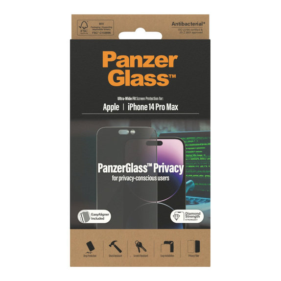 Verre trempé UWF Privacy AB avec applicateur pour iPhone 14 Pro Max, Noir, PanzerGlass