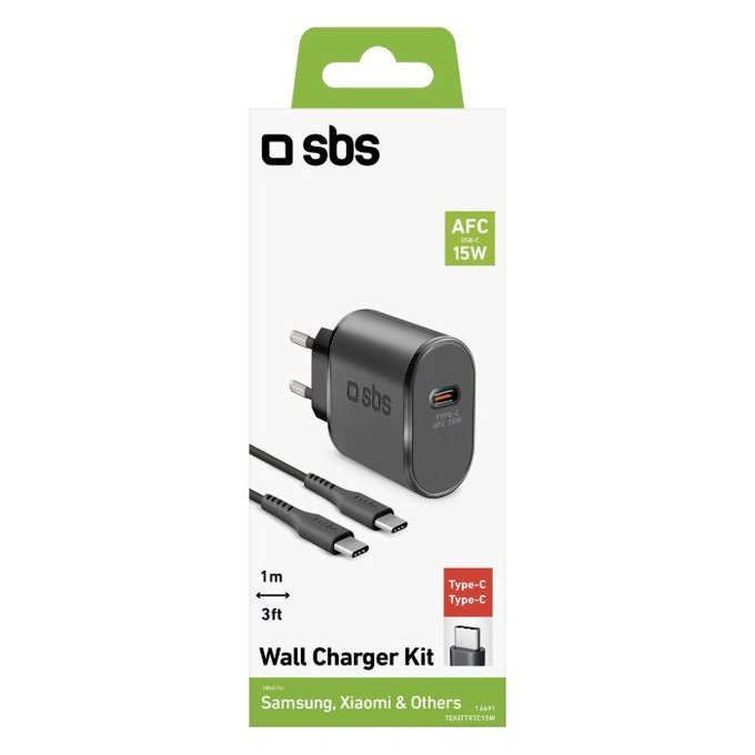 SBS - Adaptateur de charge 15W USB-C + Câble USB-C / USB-C (1m), noir