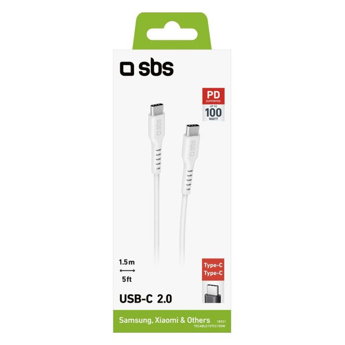 SBS - Câble USB-C / USB-C PowerDelivery 100W (1,5m), blanc
