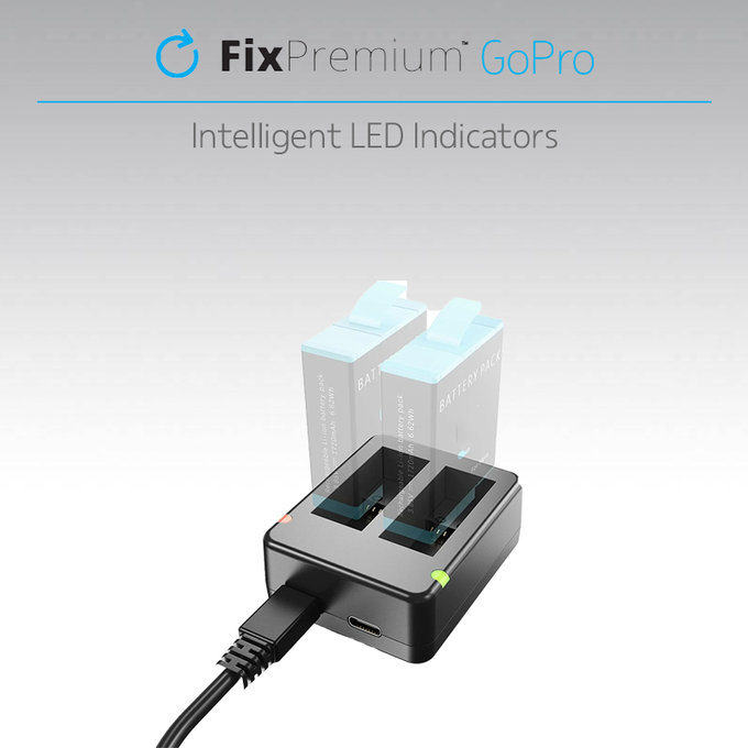 FixPremium - Station de charge pour 2 batteries GoPro (Hero (2018)/Hero 5/Hero 6/Hero 7/Hero 8), noir