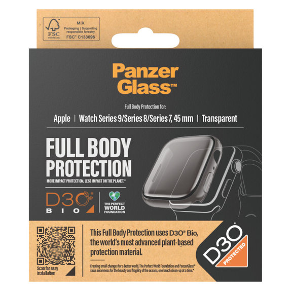 Verre trempé Full Body D3O pour Apple Watch 9/8/7 45 mm, Transparent, PanzerGlass