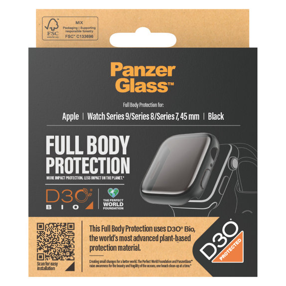 Verre trempé Full Body D3O pour Apple Watch 9/8/7 45 mm, Noir, PanzerGlass