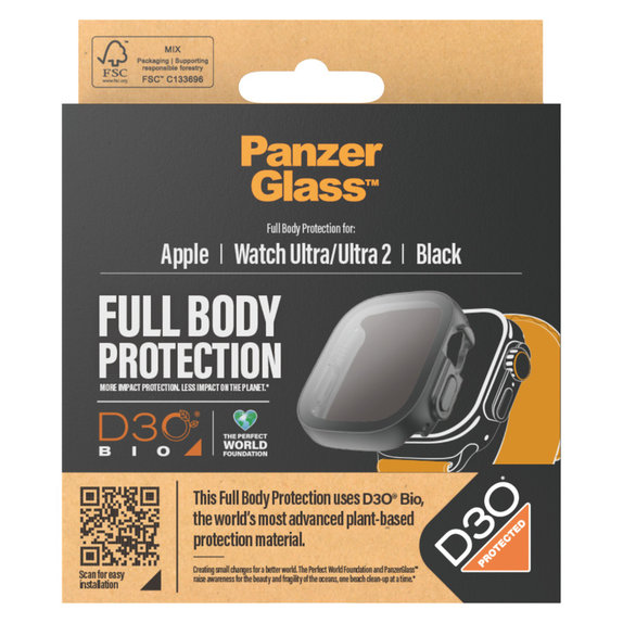 Verre trempé Full Body D3O pour Apple Watch Ultra/Ultra 2, Noir, PanzerGlass