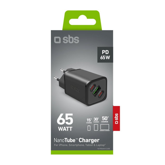 Adaptateur de voyage NanoTube 2x USB-C/USB-A, GaN, 65 W PD, noir, SBS