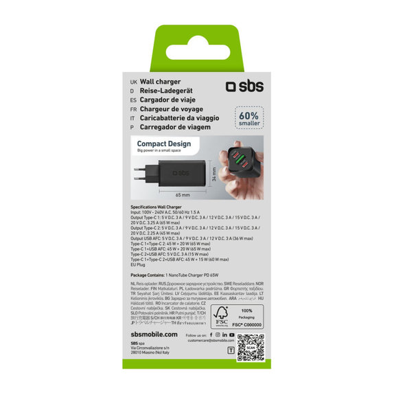 Adaptateur de voyage NanoTube 2x USB-C/USB-A, GaN, 65 W PD, noir, SBS