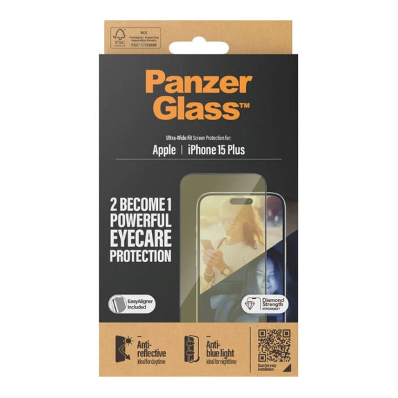 Verre trempé UWF Eyecare avec applicateur pour iPhone 15 Plus, Noir, PanzerGlass