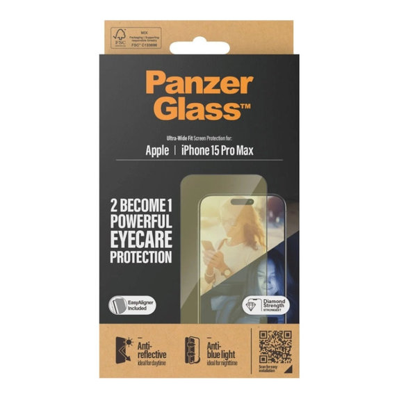 Verre trempé UWF Eyecare avec applicateur pour iPhone 15 Pro Max, Noir, PanzerGlass