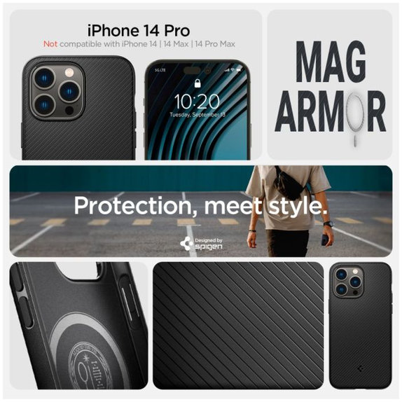 Spigen - Étui Mag Armor avec MagSafe pour iPhone 14 Pro, Matte Black