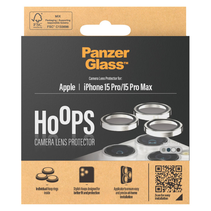 Protection d'objectif de caméra Hoops pour iPhone 15 Pro/15 Pro Max, White Metal, PanzerGlass
