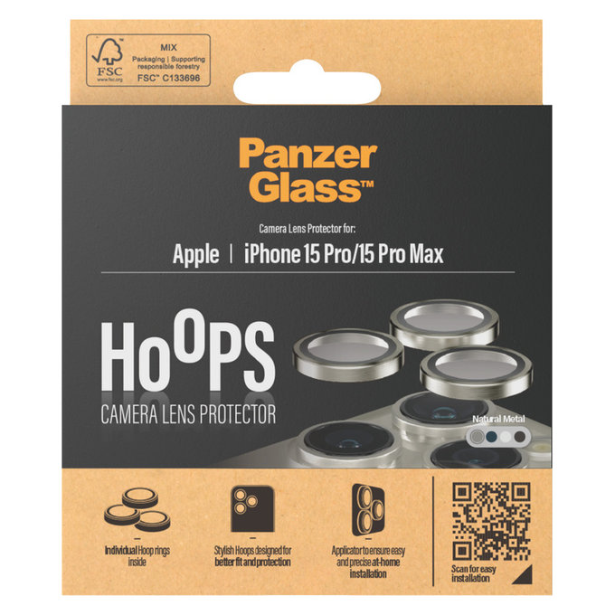 Protection d'objectif de caméra Hoops pour iPhone 15 Pro/15 Pro Max, Natural Metal, PanzerGlass