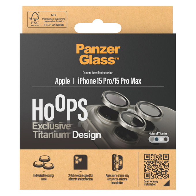 Protection d'objectif de caméra Hoops pour iPhone 15 Pro/15 Pro Max, Natural Titanium, PanzerGlass